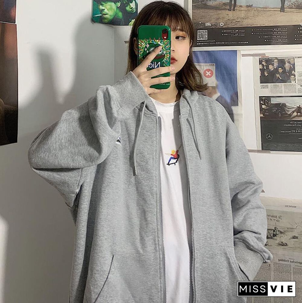 Vintage Zip Up Hoodie Oversized Harajuku Couple Streetwear Women Plus Size Loose Hooded Clothes Casual Thin Sweatshirts Pullover