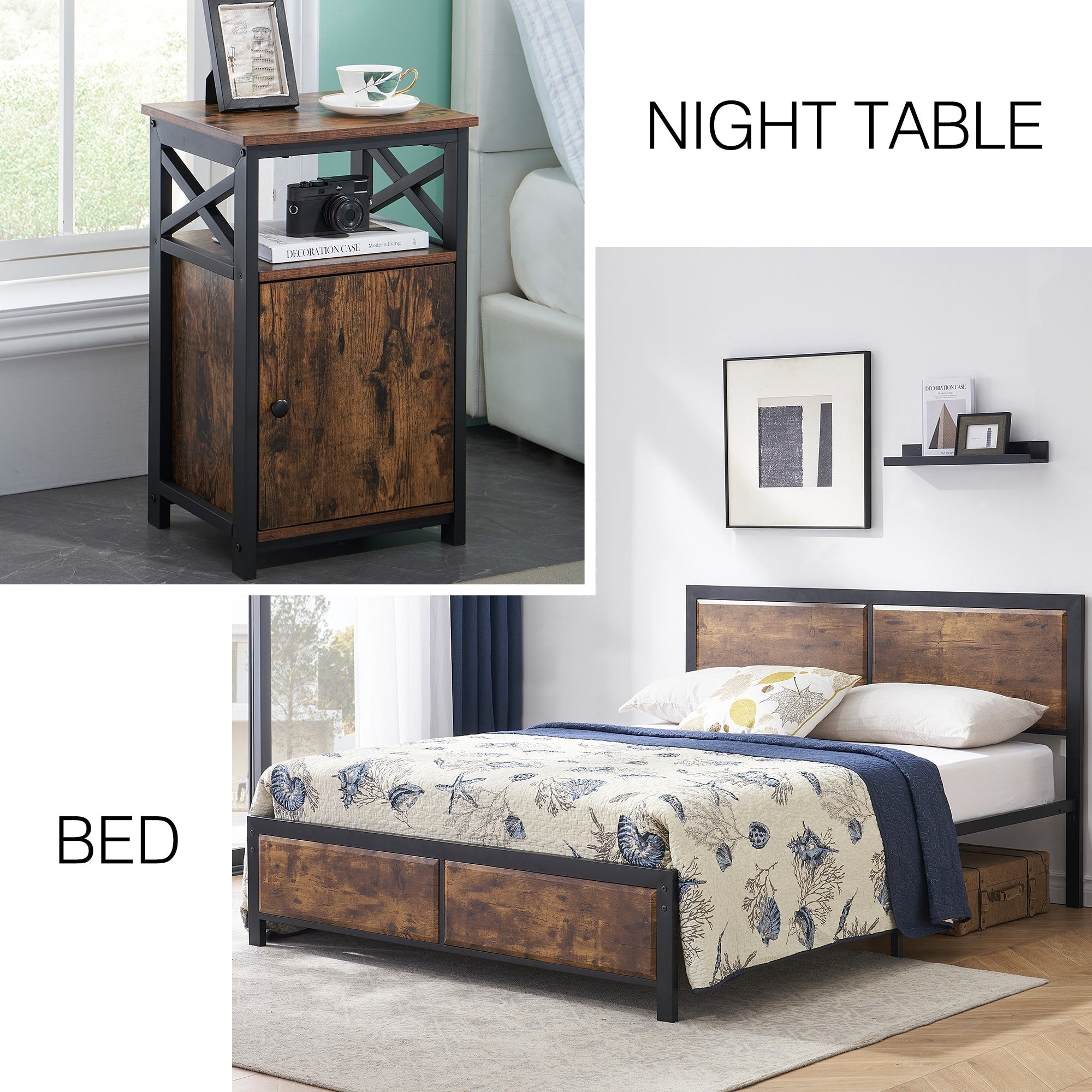 Taomika Industrial 3-pieces Bed with Wood Headboard and Nightstand Set - - 35162744