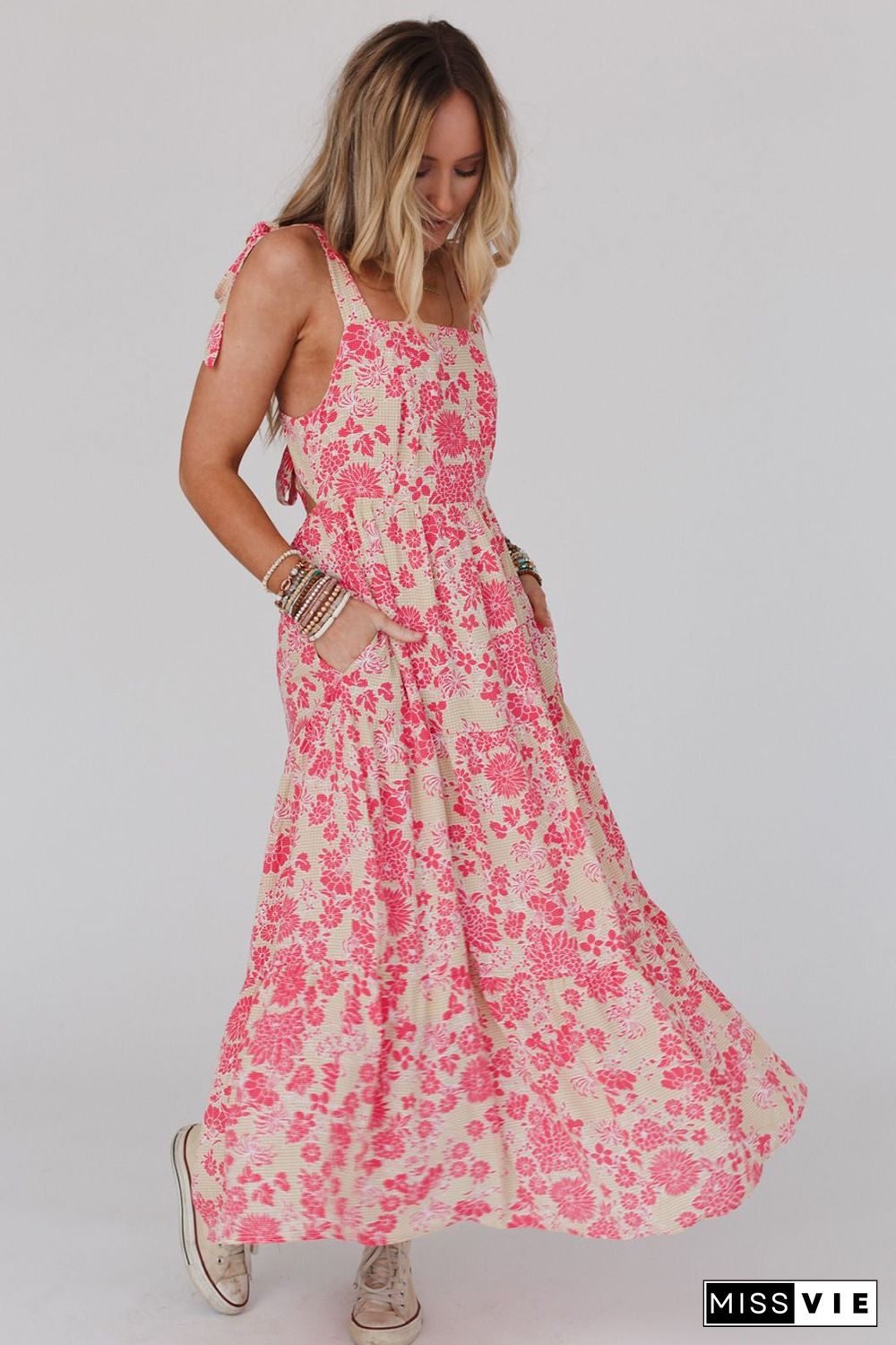 Pink Gingham Floral Tie Shoulder Maxi Dress