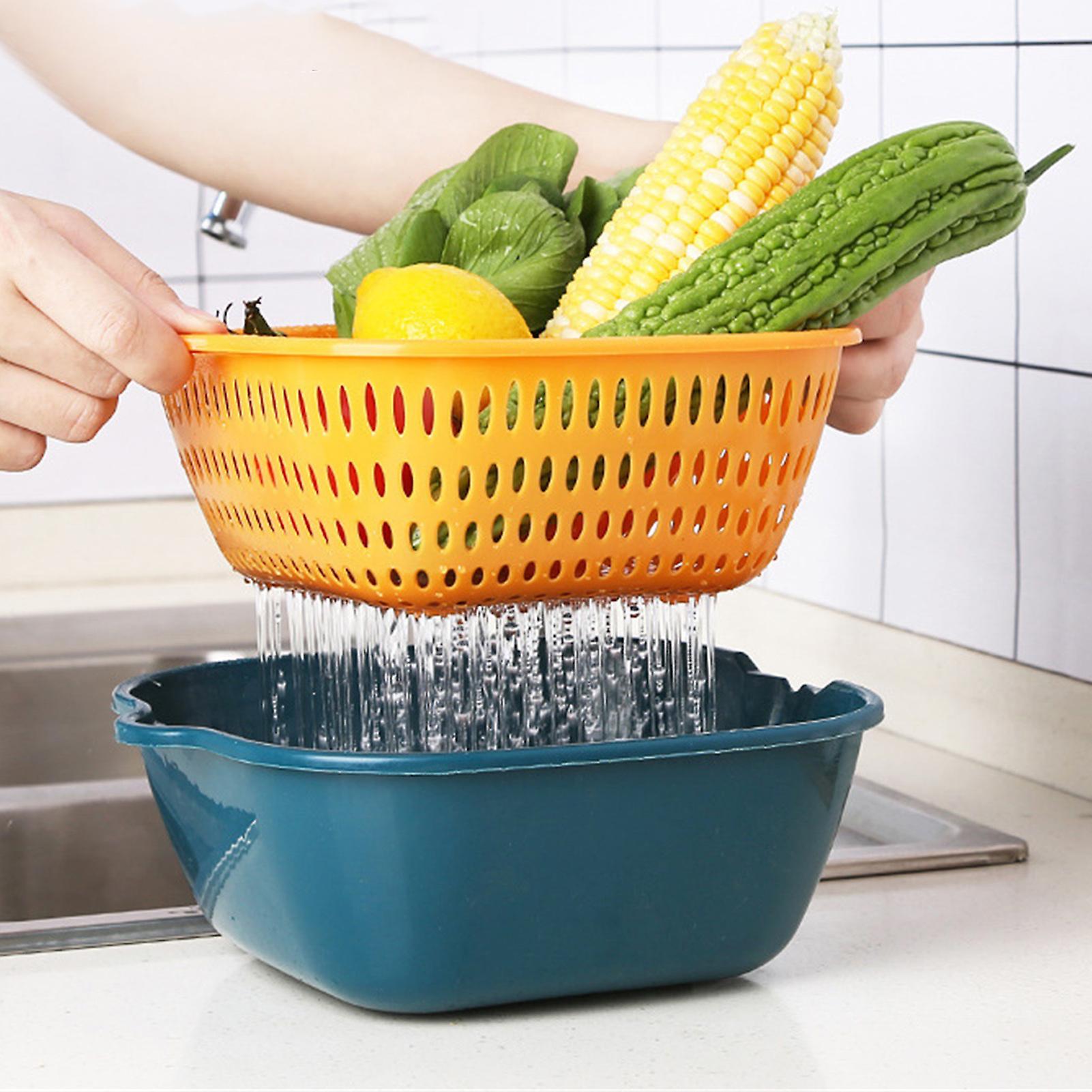 Fruit Vegetable Colander Multi Layer Kitchen Washing Strainer Basket with Hanging Hole for Fruits Vegetables Blue Yellow20x18x8cm / 7.9x7.1x3.1in