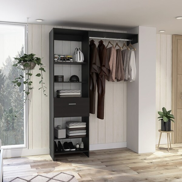 Simple Style Open Wordrob with 4 Shelves and 1 Drawer， Hanging Rob Included - - 37938172