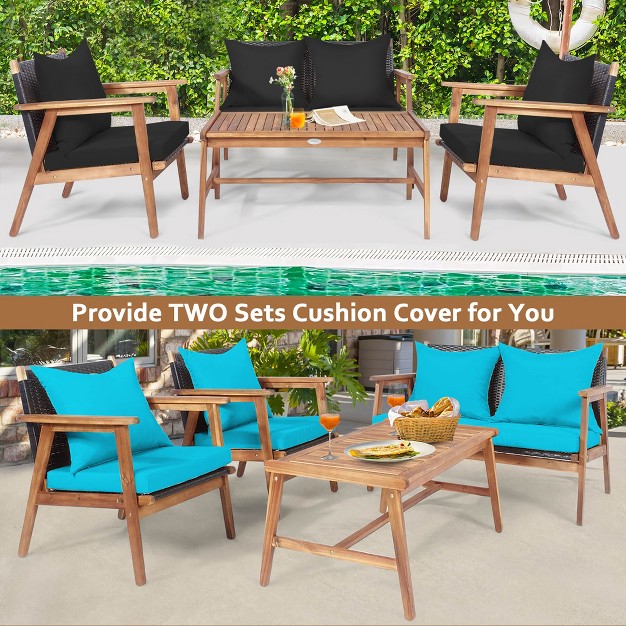 Costway 8pcs Patio Rattan Furniture Set Wooden Cushioned Sofa With Black amp Turquoise Cover