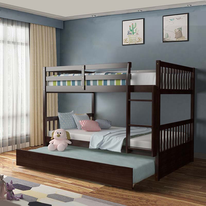 Solid Wood Full Over Full Bunk Bed Frame with Trundle, Safety Ladder & Guardrails, Convertible Bunk Bed for Kids Teens