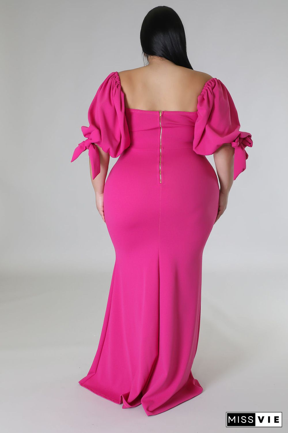 Rose Bow Tie Puff Sleeve Plus Size High Slit Maxi Dress