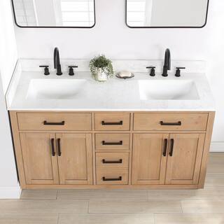 Altair Gavino 60 in. W x 22 in. D x 34 in. H Bath Vanity in Light Brown with Grain White Composite Stone Top 557060-LB-GW-NM