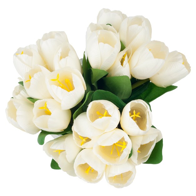 Nature Spring Tulip Floral Arrangement In Vase With 24 Artificial Flowers With Leaves In Decorative Clear Glass Square Bowl - Cream/green