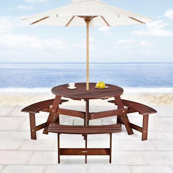 63 in. Wood Round Picnic Tables Set with Umbrella Hole and Benches