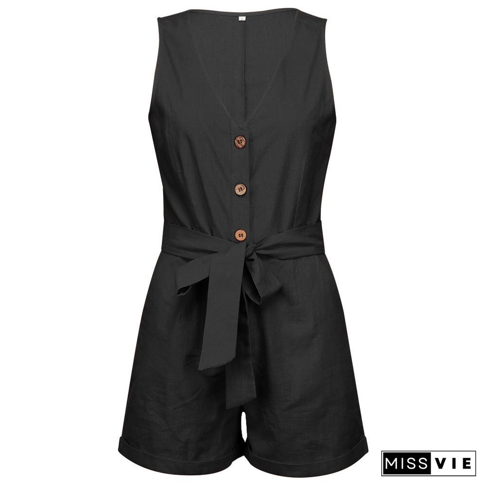 Waistband V-Neck Sleeveless Shorts Jumpsuit