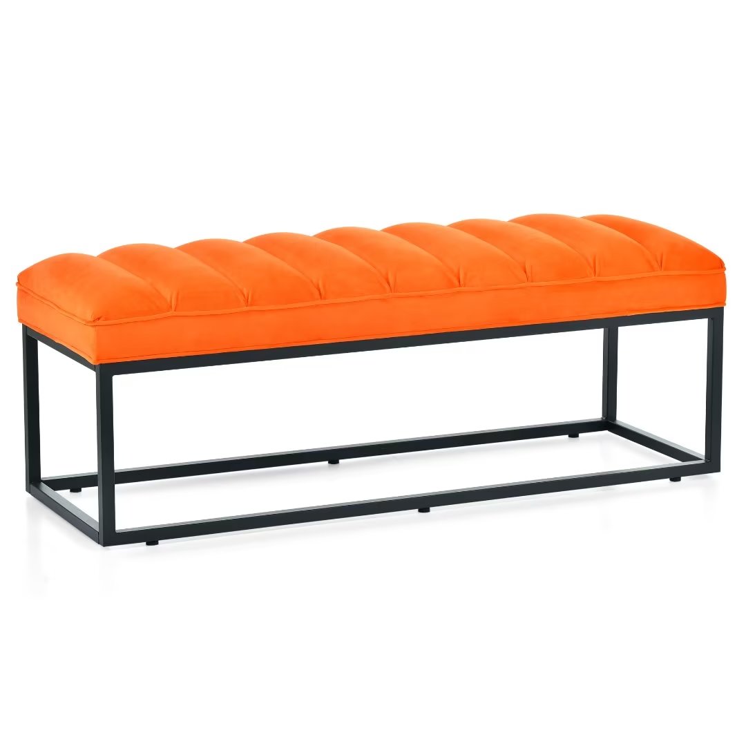 Upholstered Ottoman Bench,Vanity Bench End of Bed Bench with Metal Base,Entryway Shoe Bench Dining Room Bench for Living Room Bedroom Entryway,Orange+Fabric