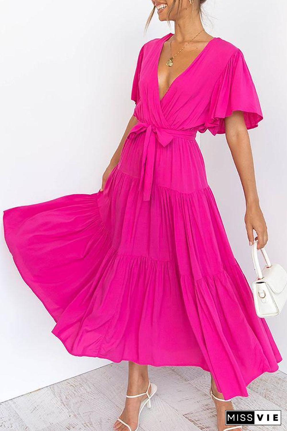 Ruffled Sleeve V-neck Tie Waist Maxi Dress P14492