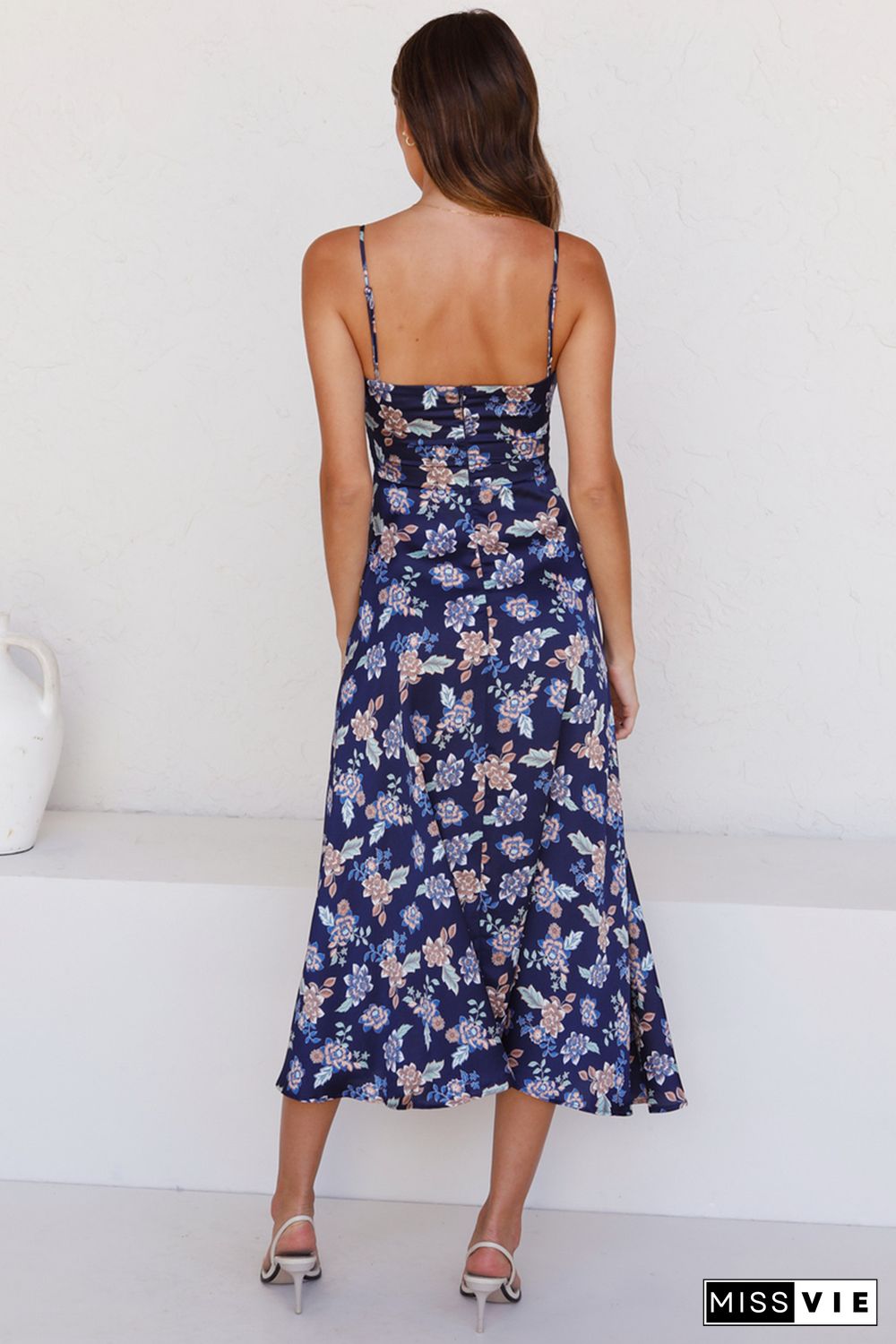 Blue Floral Print Bust Knot Long Dress with Slit