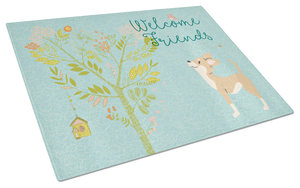 Welcome Friends Brown White Chihuahua Glass Cutting Board  Large   Contemporary   Cutting Boards   by the store  Houzz