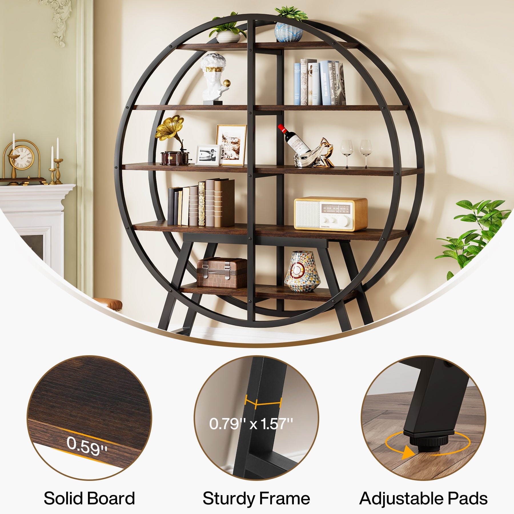 67 Industrial Bookshelf, 5-Tier Round Etagere Bookcase Display Shelf