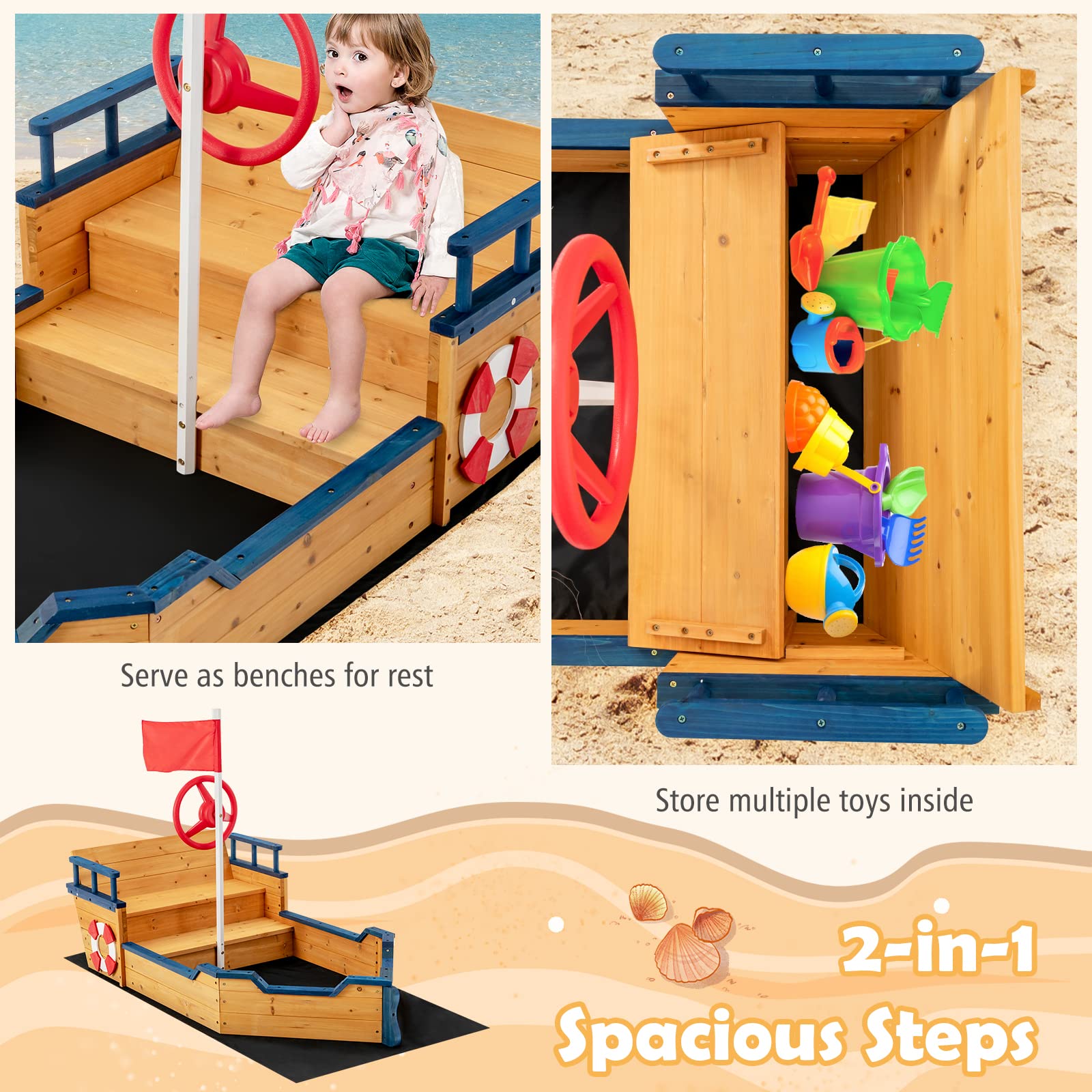 Costzon Pirate Boat Wood Sandbox for Kids, Wooden Pirate Sandpit w/Bench Seat