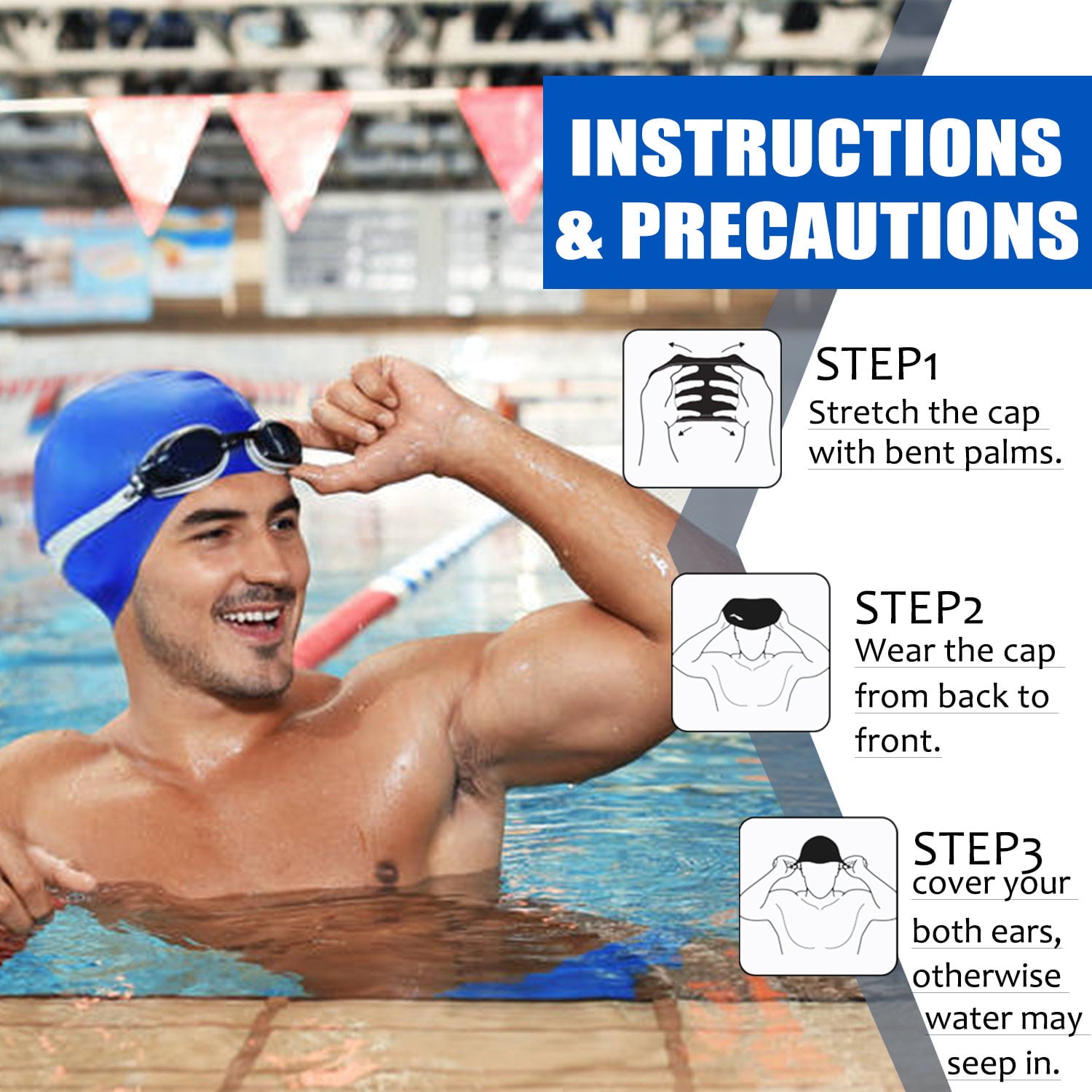 Opom Extra Large Swimming Caps,Silicone Waterproof Swimming Hat Anti-Silp Bathing Cap for Woman Men-Black