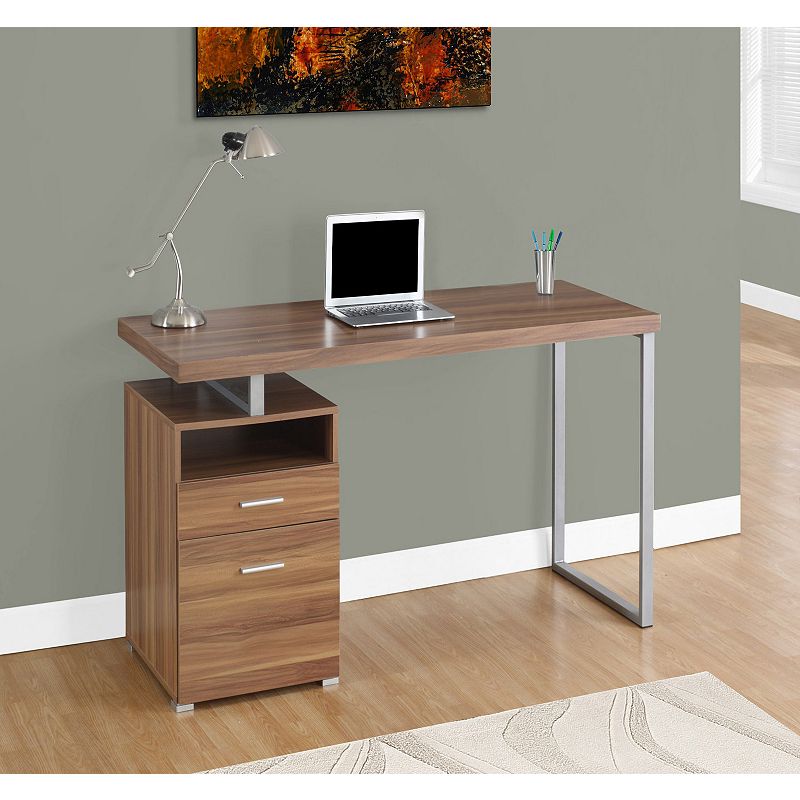 60 Walnut Brown and Silver Rectangular Computer Desk with Storage Drawer