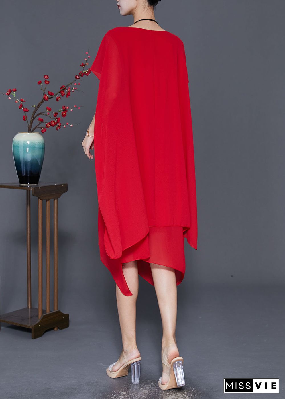 Red Chiffon Long Dress Asymmetrical Draping Cloak Sleeves