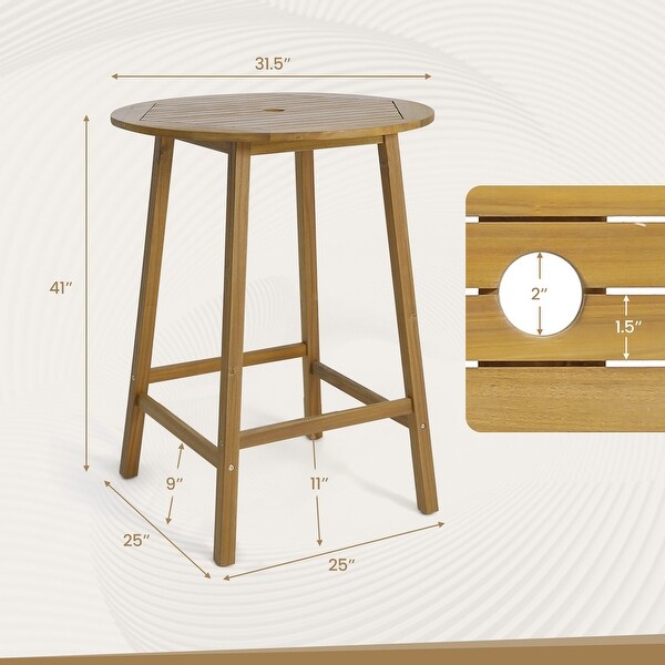 Bar Height Table with Umbrella Hole and Slatted Tabletop for Outdoors