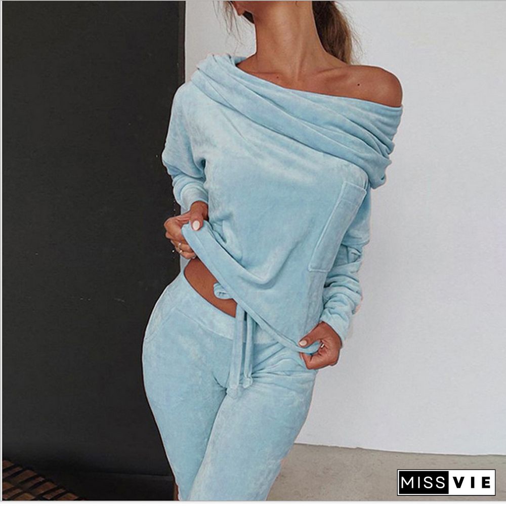 Sweatshirt Women 2 Pieces Set Tracksuit Autumn One Shoulder Sweatshirt Pants Sets Sport Wear Tracksuit Velvet Lounge Suit