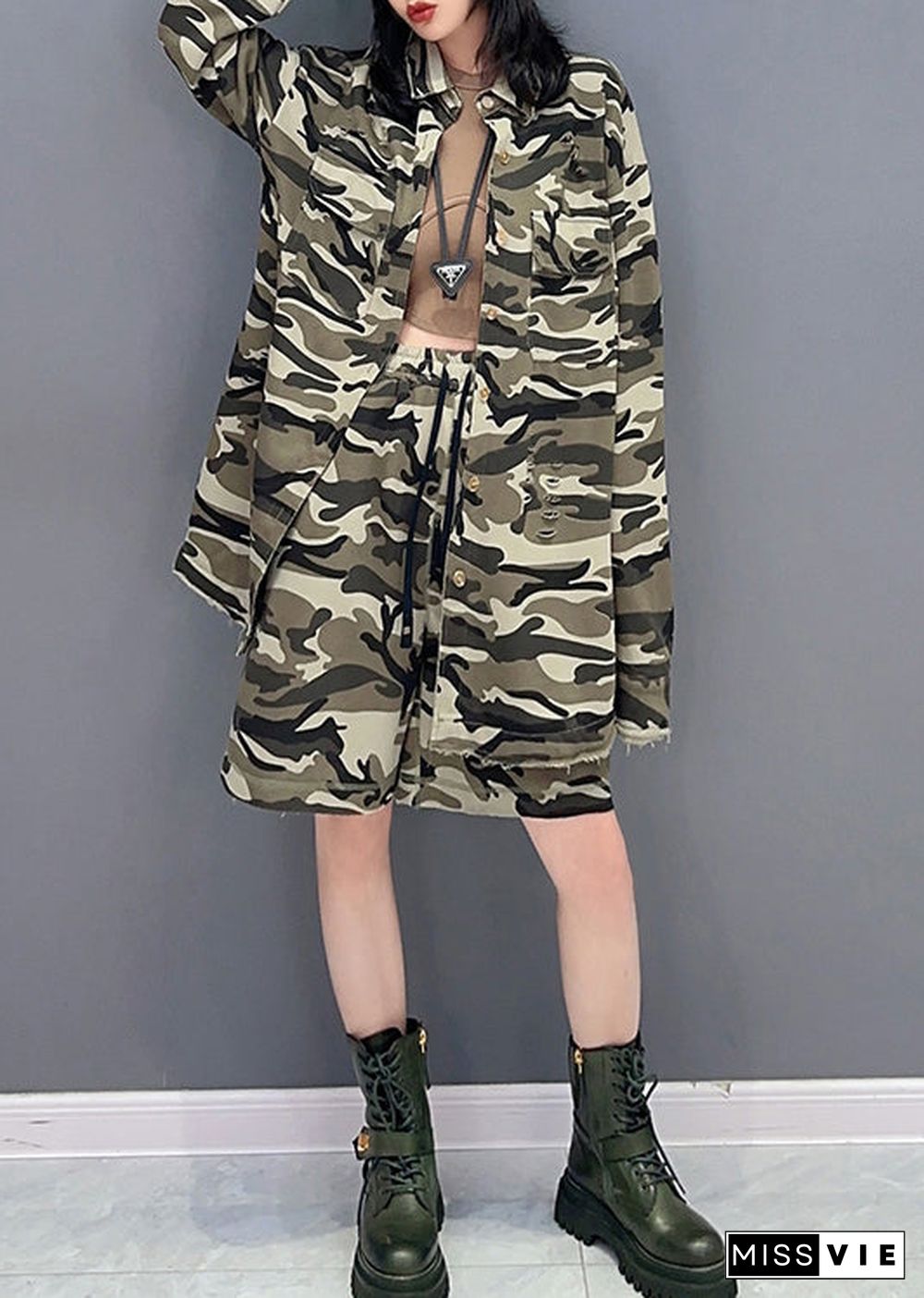 Casual Camouflage Peter Pan Collar Zippered Print Coats And Shorts Two Pieces Set Spring