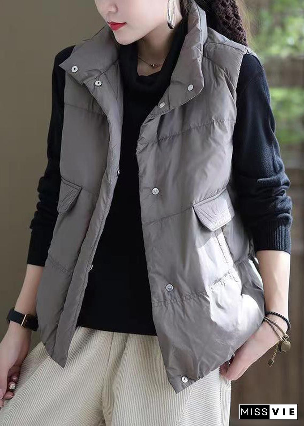 French Grey Stand Collar Button Pockets Duck Down Waistcoat Sleeveless