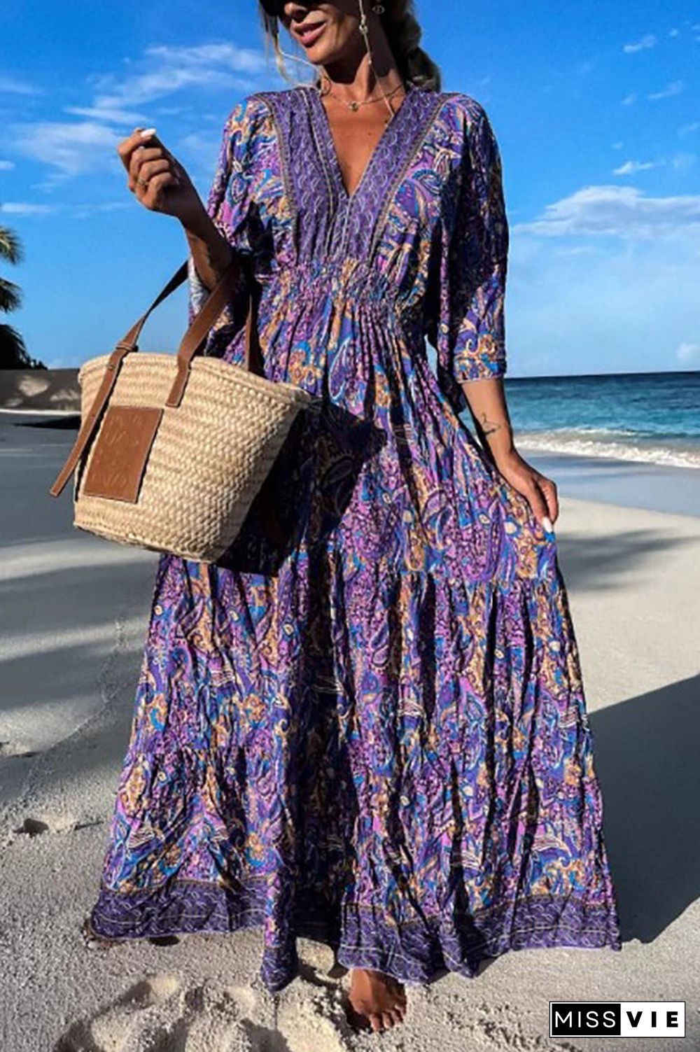 Paisley Print V Neck Bat Sleeve Maxi Dress