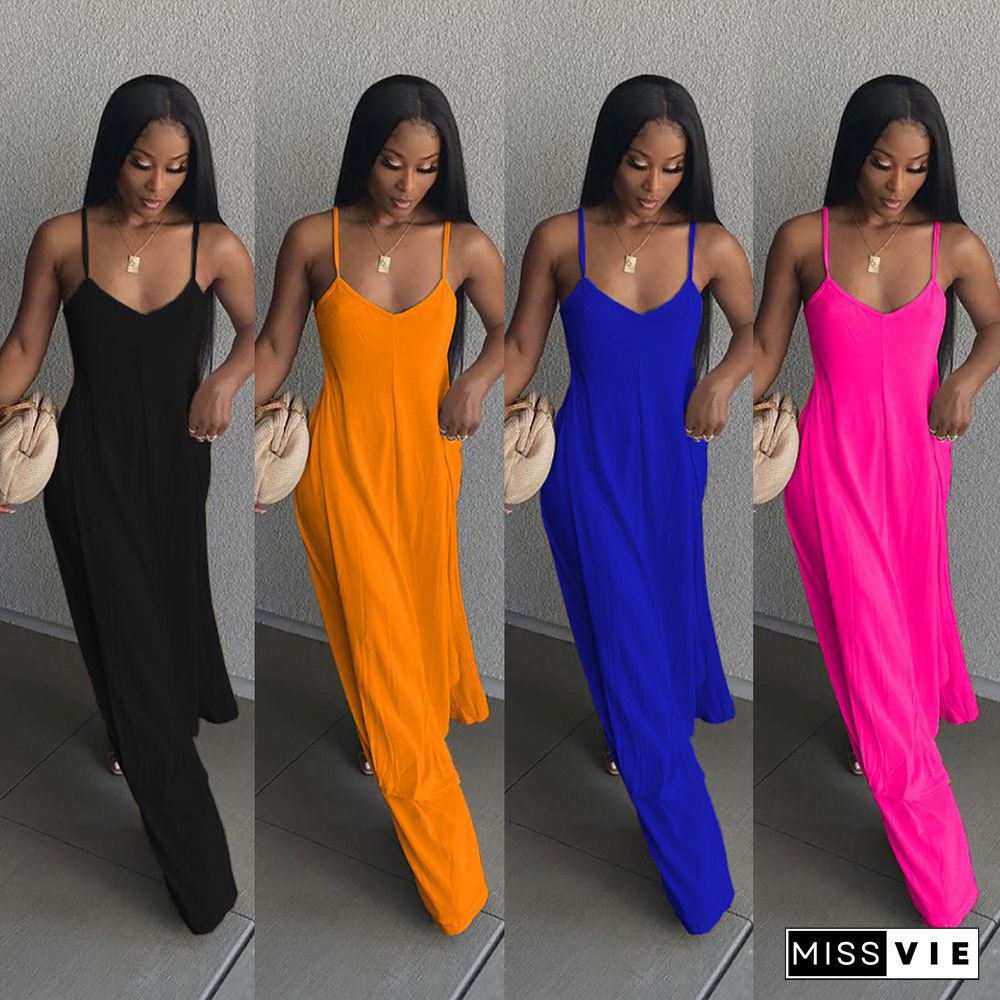 Women Sexy Beachwear V Neck Spaghetti Strap Solid Color Long Top Wide Leg Pants Casual Two Piece Suits