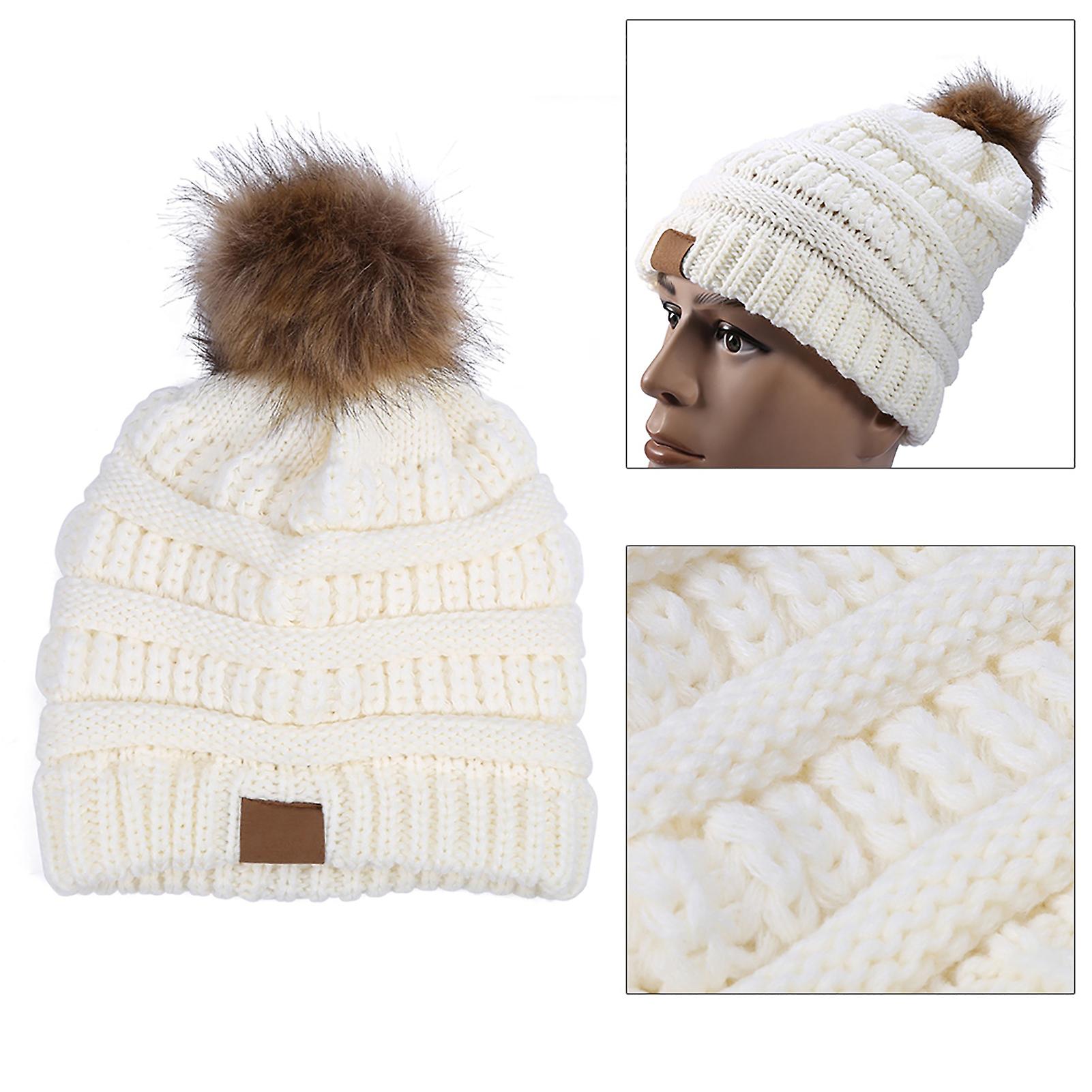 Fashionable Knitted Cap Faux Raccoon Fur Pompom Winter Hat For Keeping Warm (white)