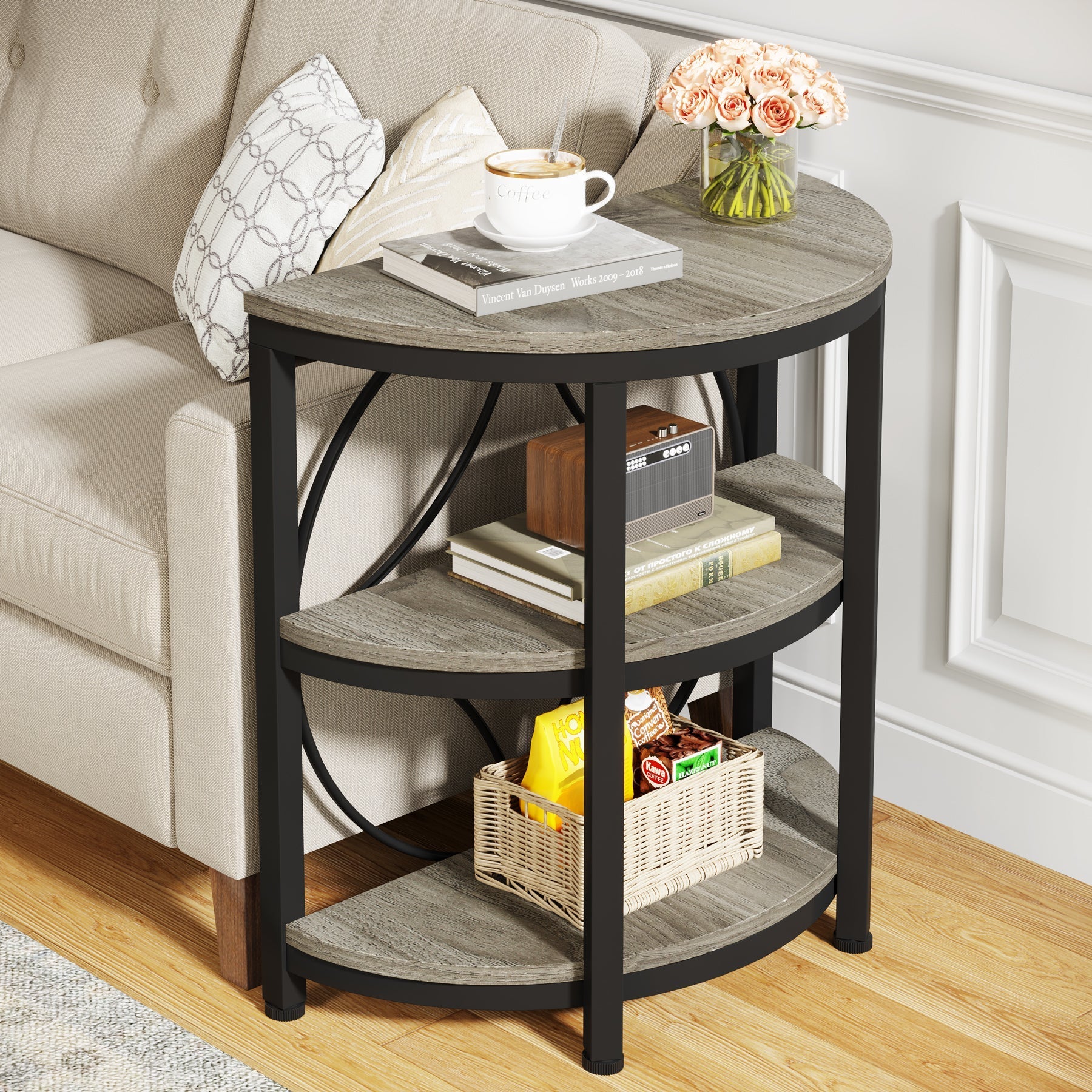 Half-Round End Table, 3-Tier Narrow Side Table with Metal Frame