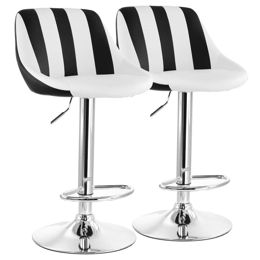 Elama 2-Piece Adjustable 40.5 in. ch Faux Leather Bar Stool in Striped Black and White with Chrome Base 985116708M