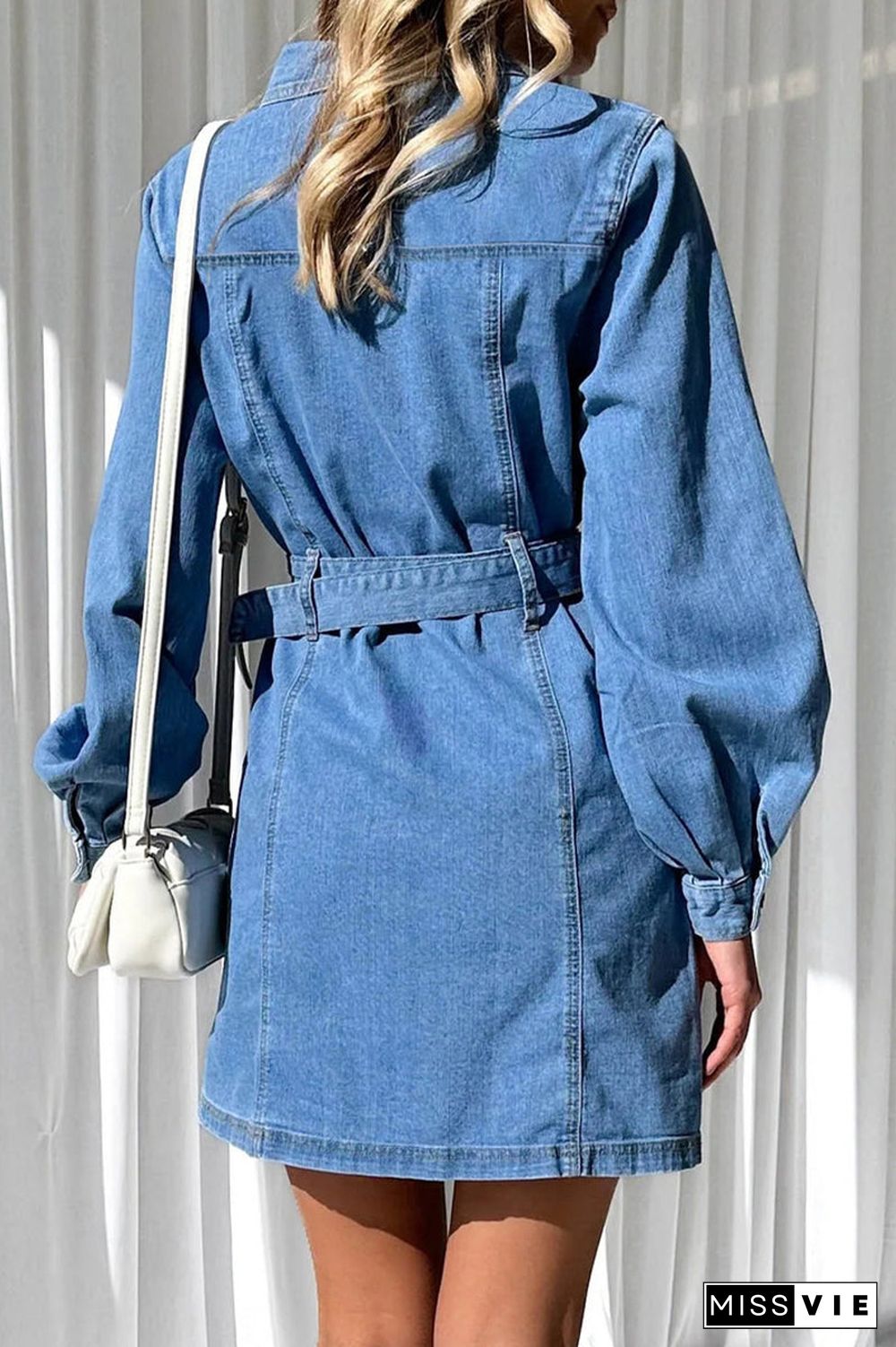 Casual Solid Pocket Buckle With Belt Turndown Collar Long Sleeve Straight Denim Dresses