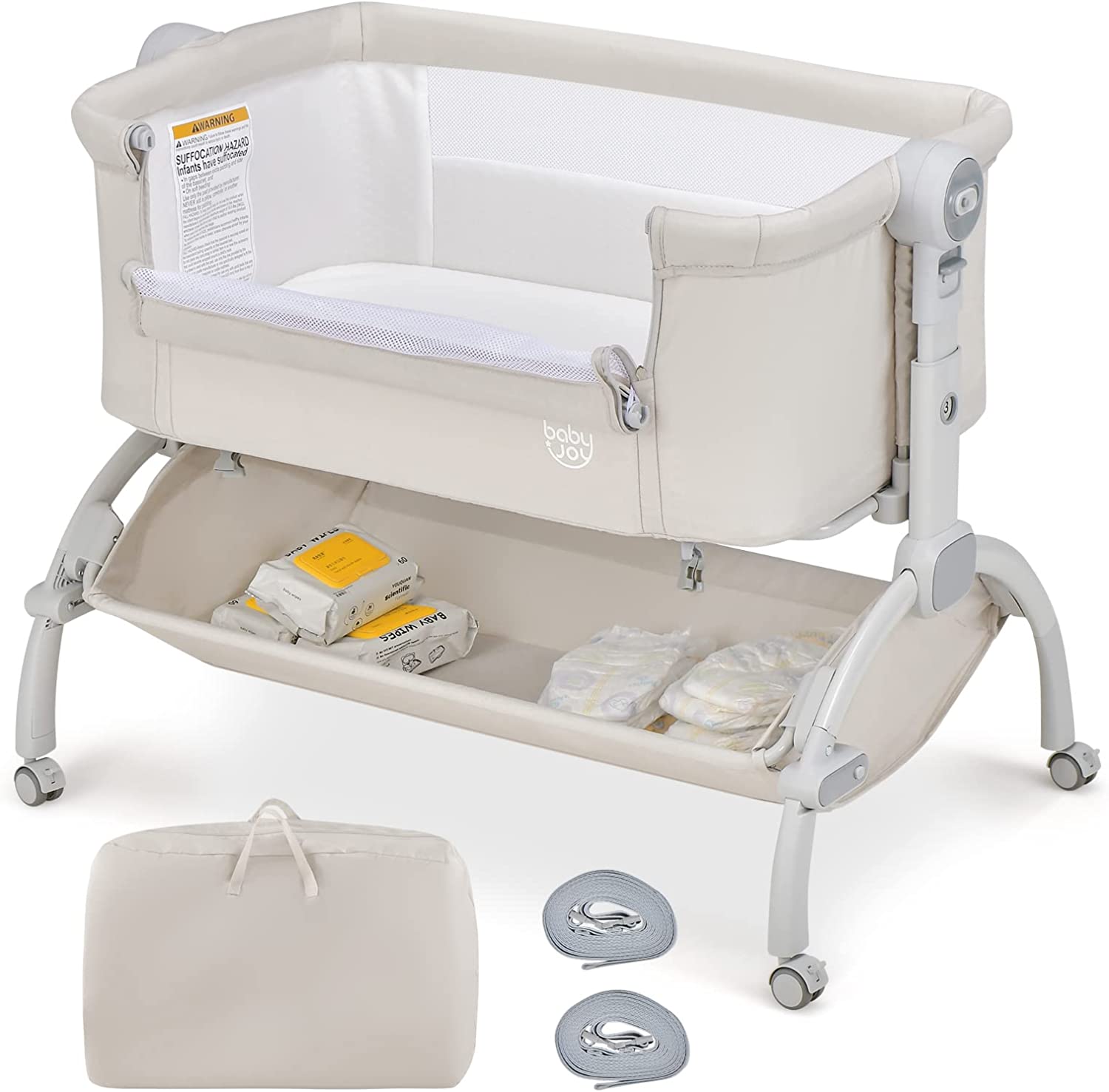 BABY JOY Baby Bassinet, 3-in-1 Rocking Bassinet w/Storage Basket, Double-Lock Design