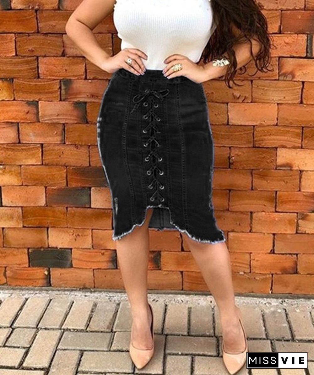 Summer Jeans Denim Pants New Women Fashion Lace Cross High Wasit Skirts Summer Denim Bow Tie Slim Fit Hole Ripper Skirts Jeans Plus Size S-5Xl