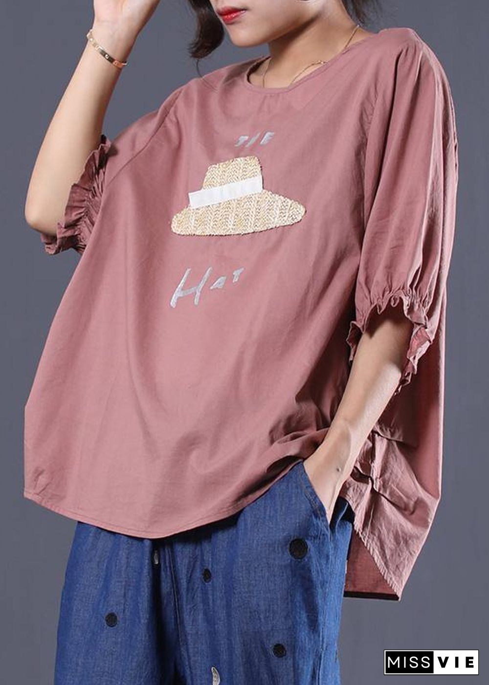 Handmade o neck cotton Long Shirts Inspiration pink prints top summer