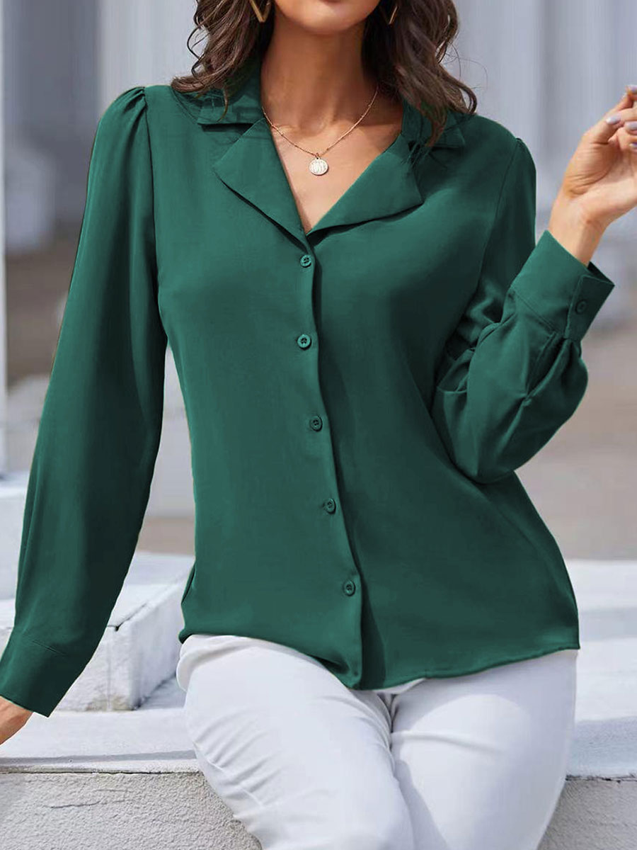 Casual Loose Solid Color Lapel Long Sleeve Blouse