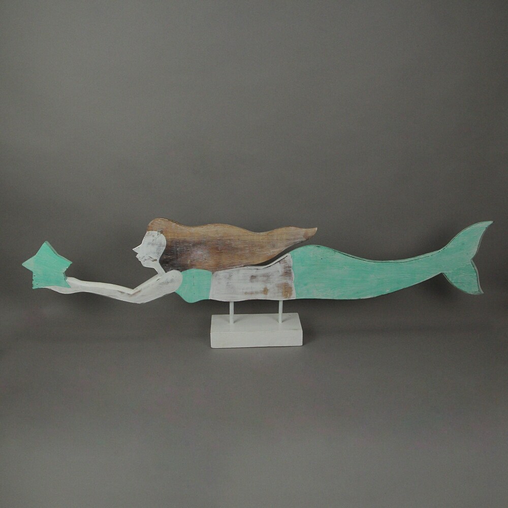 39 Inch Wood Carved Mermaid Sculpture Standee Statue Home Decor Art   10.75 X 39.5 X 3.75 inches