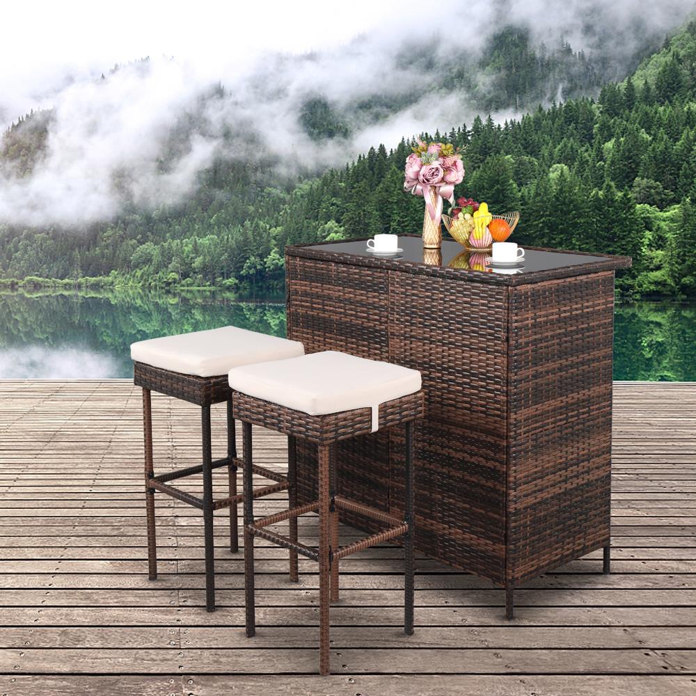 SalonMore 3 Pieces Rattan Wicker Bar Table And Bar Stool Patio Set， Brown Gradient