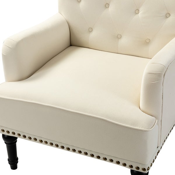 Geltrude Transitional Upholstered Button Tufted Club Chair with turned wooden Legs by HULALA HOME