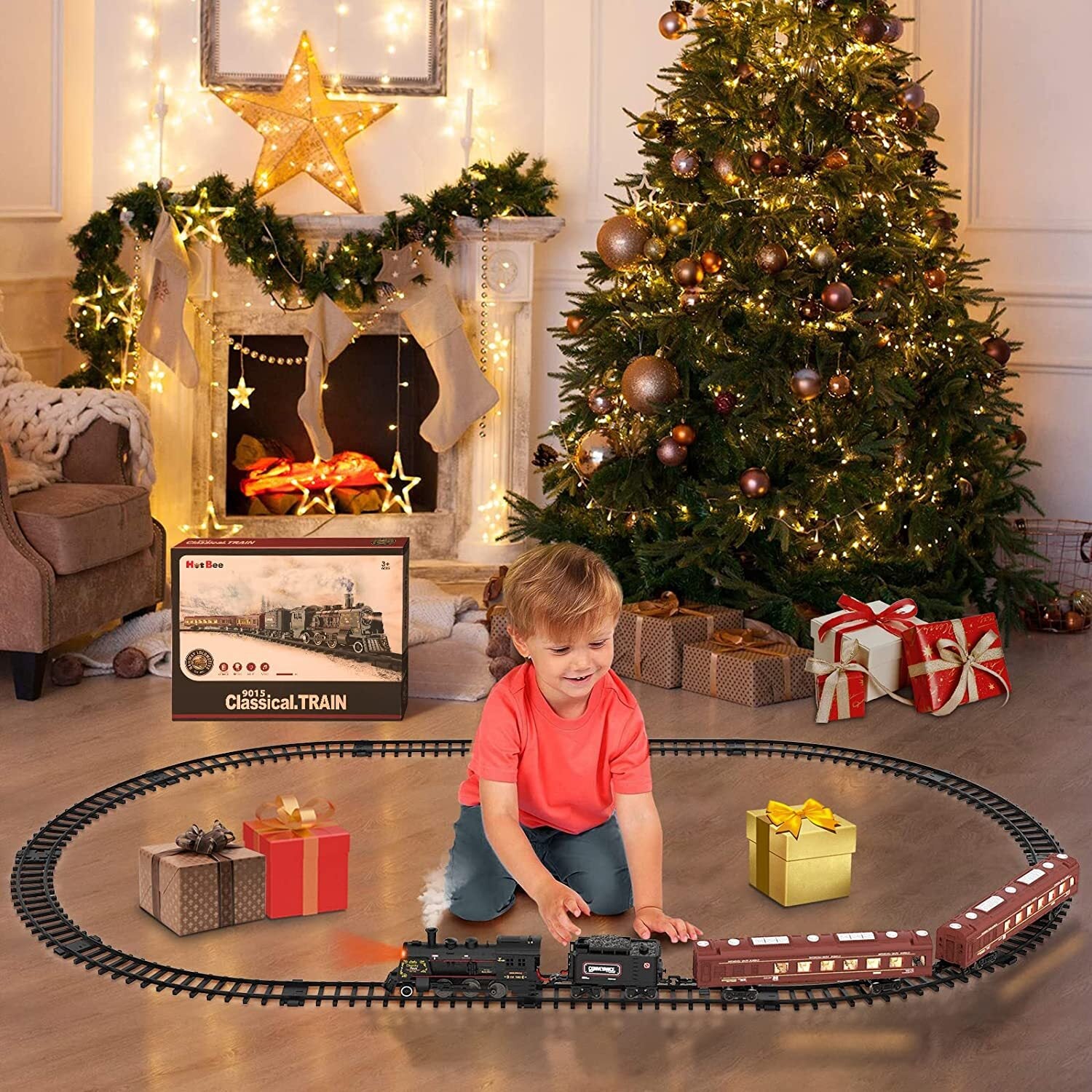 Hot Bee Model Train Set for Boys - Metal Alloy Electric Trains w/ Steam Locomotive，Passenger Carriages and Tracks，Train Toys w/ Smoke，Sounds and Lights，Christmas Toys for 3 4 5 6 7+ Years Old Kids