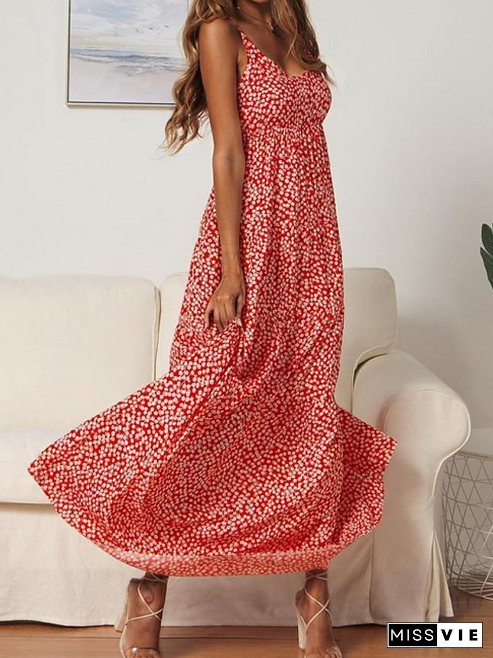 Women's Strap Dress Maxi long Dress Sleeveless Print Hot Red Navy Blue S M L XL