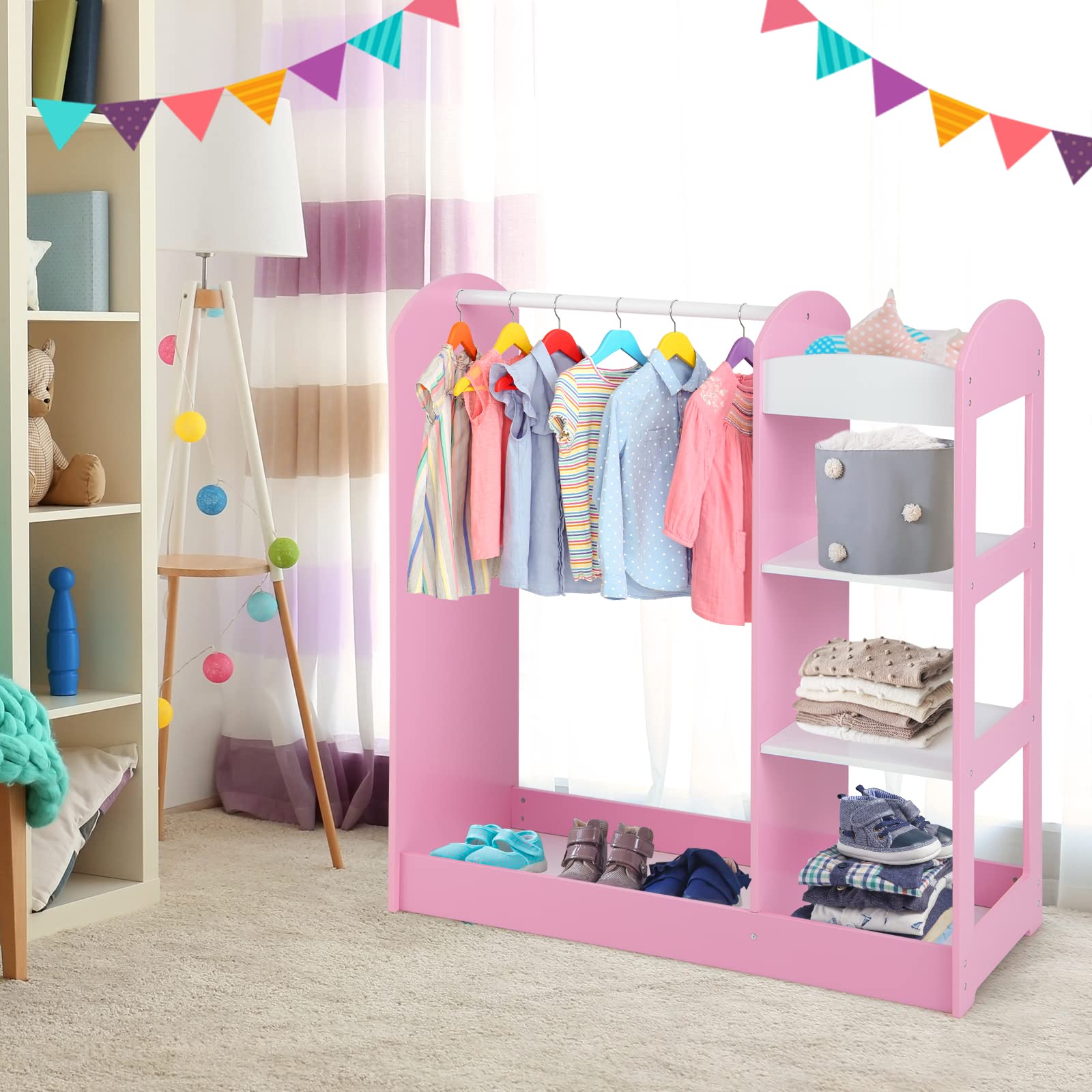 Costzon Kids Dress up Storage with Mirror, Clothes Rack, 3-Tier Shelves