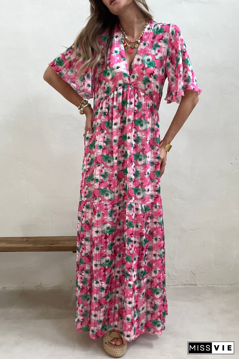 Pink Wide Sleeves Floral Print Maxi Dress