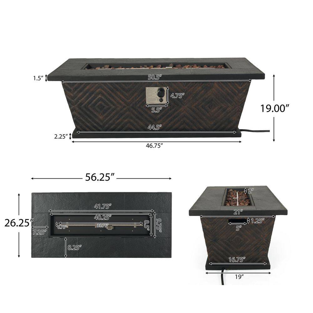 Noble House Meyer 15.75 in. x 22 in. Rectangular Concrete Propane Fire Pit in Brown with Tank Holder 65857