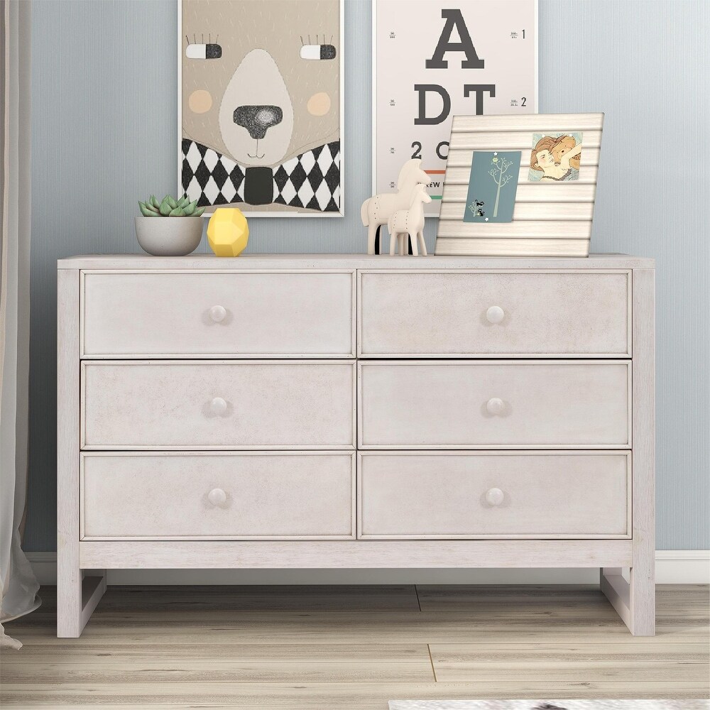 Rustic Wooden Dresser with 6 Drawers Storage Cabinet for Bedroom Anitque White