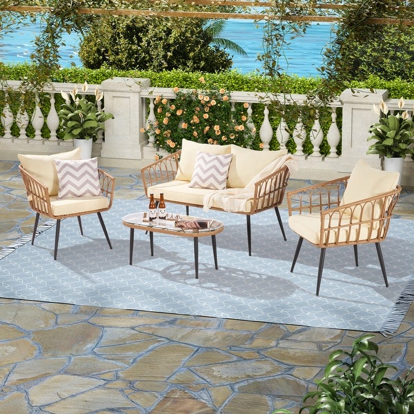 4 PCS Rattan Furniture Set， Outdoor Conversation Set w/CushionsandCoffee Table， Sectional Sofa Chairs Set for Patio，Beige - Overstock - 37928850