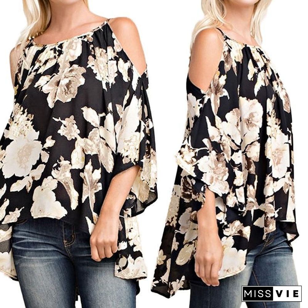 Women Off Shoulder Shirts Boho Floral Print Tunic Plus Size Blouse Shirt