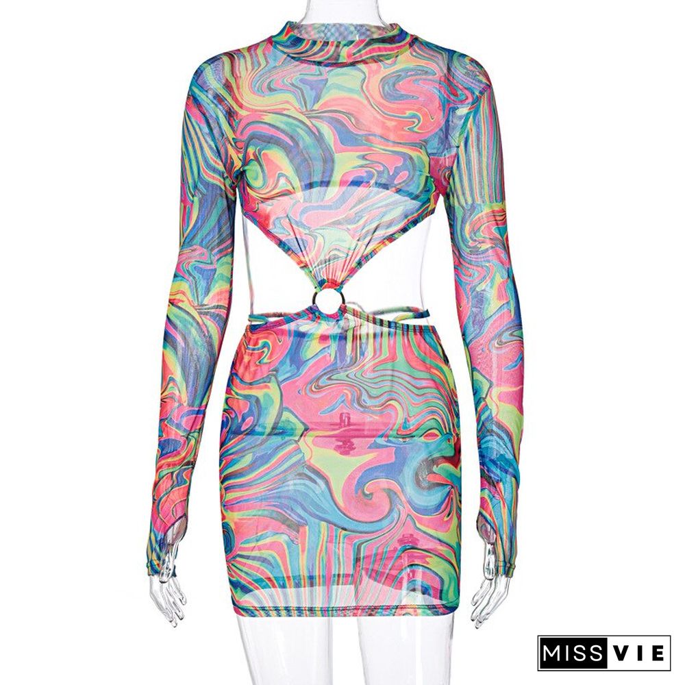 Printed Mesh Dress Women Spring Women's New Suit Skirt Waistless Sexy Long-sleeved Club Dress For Women Vestidos Mujer