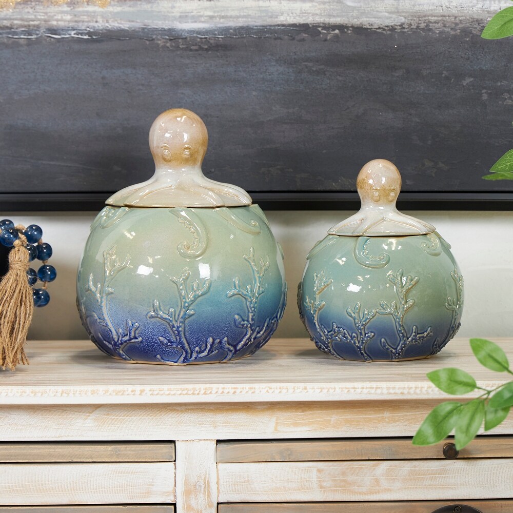 Blue Ceramic Octopus Ombre Textured Decorative Jars with Coral Details  Set of 2 10\