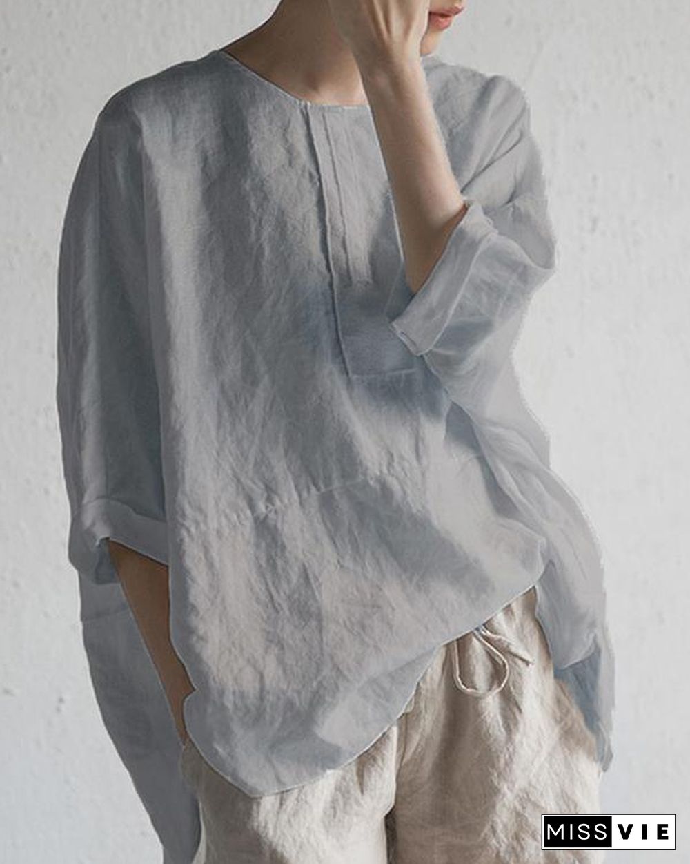 Women O-Neck Half Sleeve Solid Loose Plus Size Casual Linen Tops