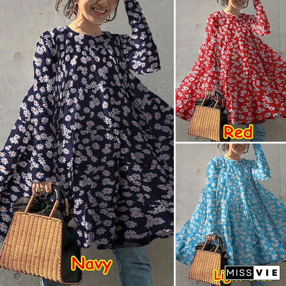 Cotton Long Sleeve Crew Neck Bohemian Floral Print T-Shirt Dress Loose Casual Autumn Baggy Blouse